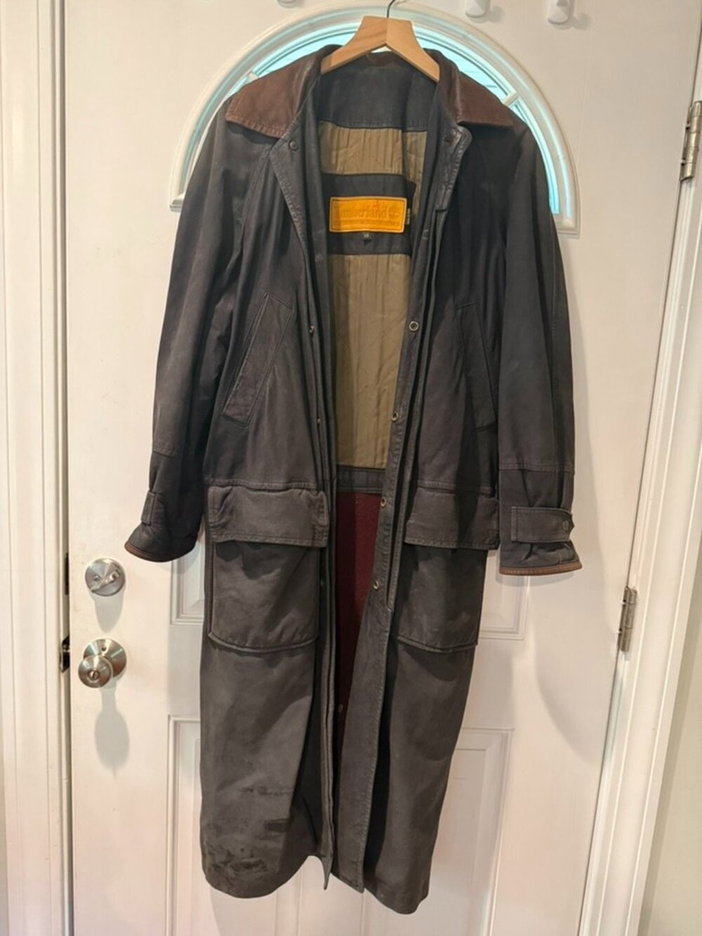 Vintage Timberland Weathergear Heavy Leather Duster Coat Mens XS Charcoal Italy